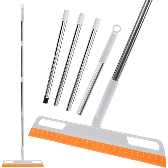 Multifunction Rubber Air Broom, Silicone Floor Squeegee, Air Broom, Rubber Squeegee with 56" Long Handle, Floor Scraping Sweeper Wiper for Bathroom Shower Kitchen Pet Hair Fur Marble Ti (Orange)