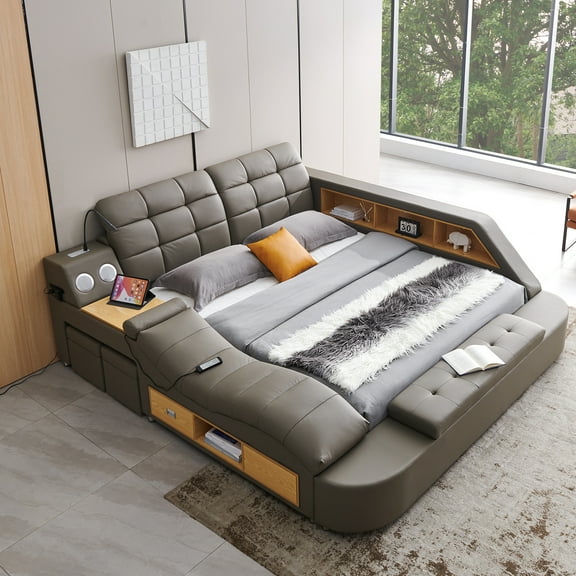 Multifunction Smart King Bed Frame, Upholstered Platform with Massage Recliner, Storage Drawers, Bluetooth Speaker, USB Charging Port, Adjustable Headboard
