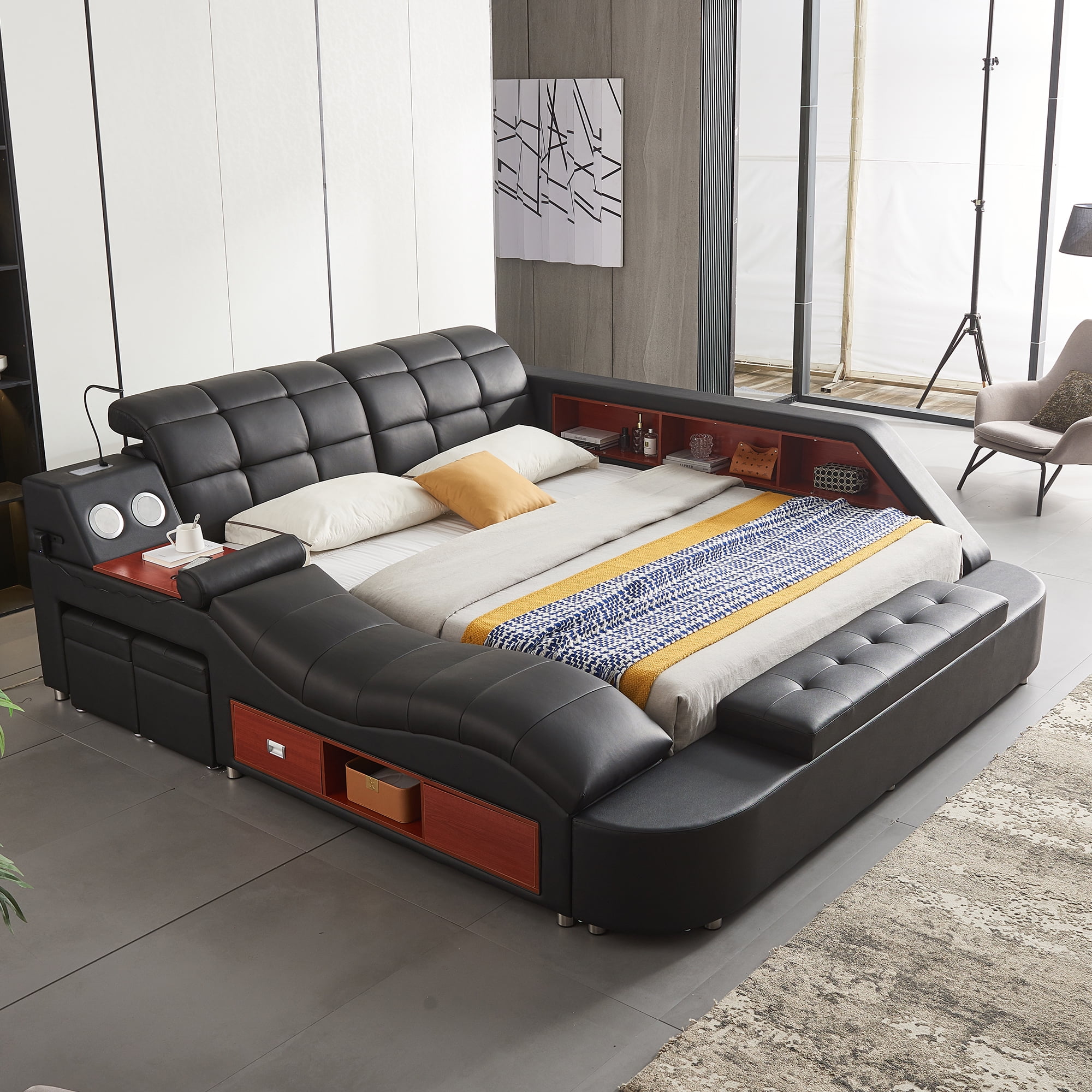 Multifunction Smart King Bed Frame, Upholstered Platform with Massage Recliner, Storage Drawers, Bluetooth Speaker, USB Charging Port, Adjustable Headboard