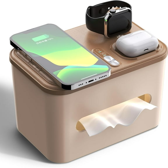 Multifunction Tissue Holder with 3 in 1 Fast Charging Station-Q1 Wireless Charging, Compatible Phone, Watch & AirPods, Rectangula Tissue Box Cover with Night Light for Home Office Dcor