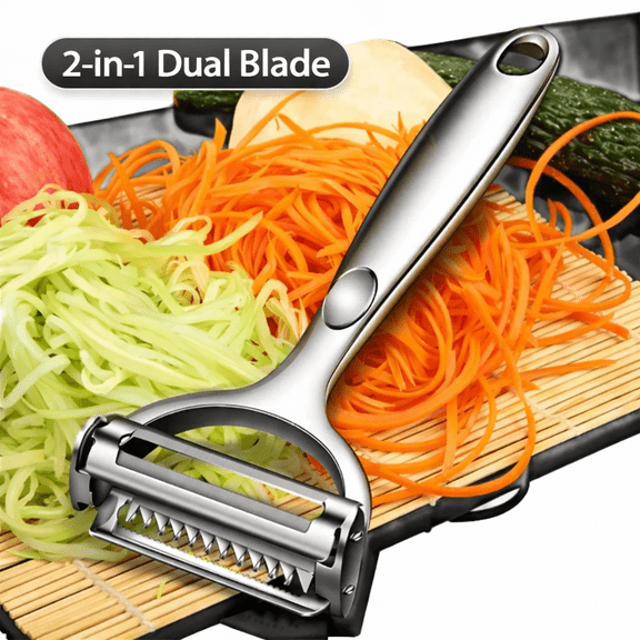 2-in-1 Julienne & Vegetable Peeler, Stainless Steel Dual Blade for Carrots, Zucchini & Potatoes, Dishwasher Safe Fruit & Veggie Slicer