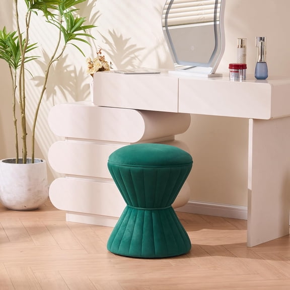 Multifunction Velvet Ottoman, Upholstered Vanity Stool Chair, Sturdy Round Footstool for Makeup, Living Room, Bedroom, Entryway, Beige