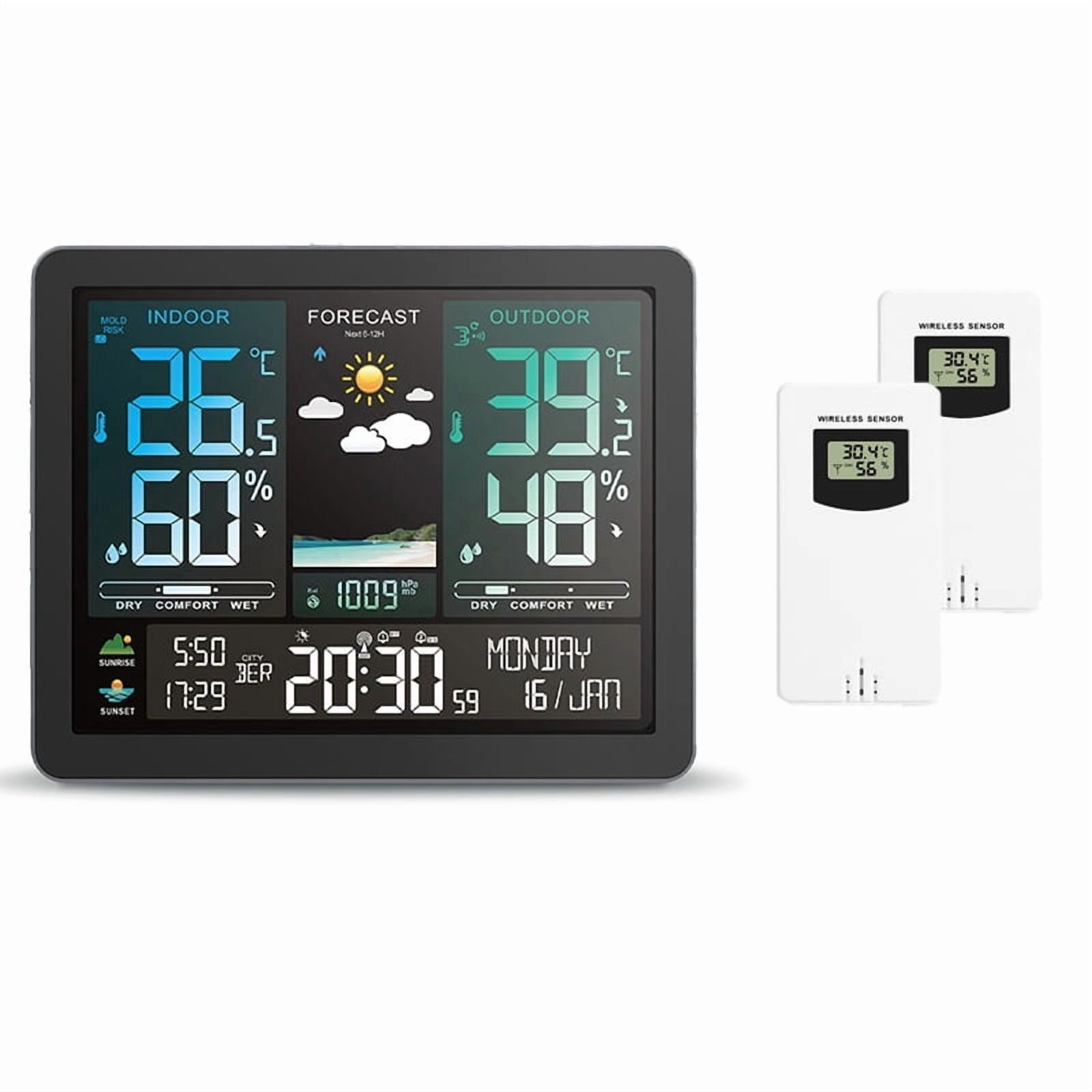 Multifunction Weather Station Alarm Clock Color Screen Sunrise and Sunset Thermometer Hygrometer with Wireless Outdoor Sensor ,High Precision