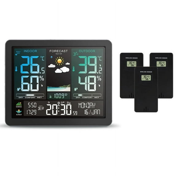 Multifunction Weather Station Alarm Clock Color Screen Sunrise and Sunset Thermometer Hygrometer with Wireless Outdoor Sensor ,High Precision