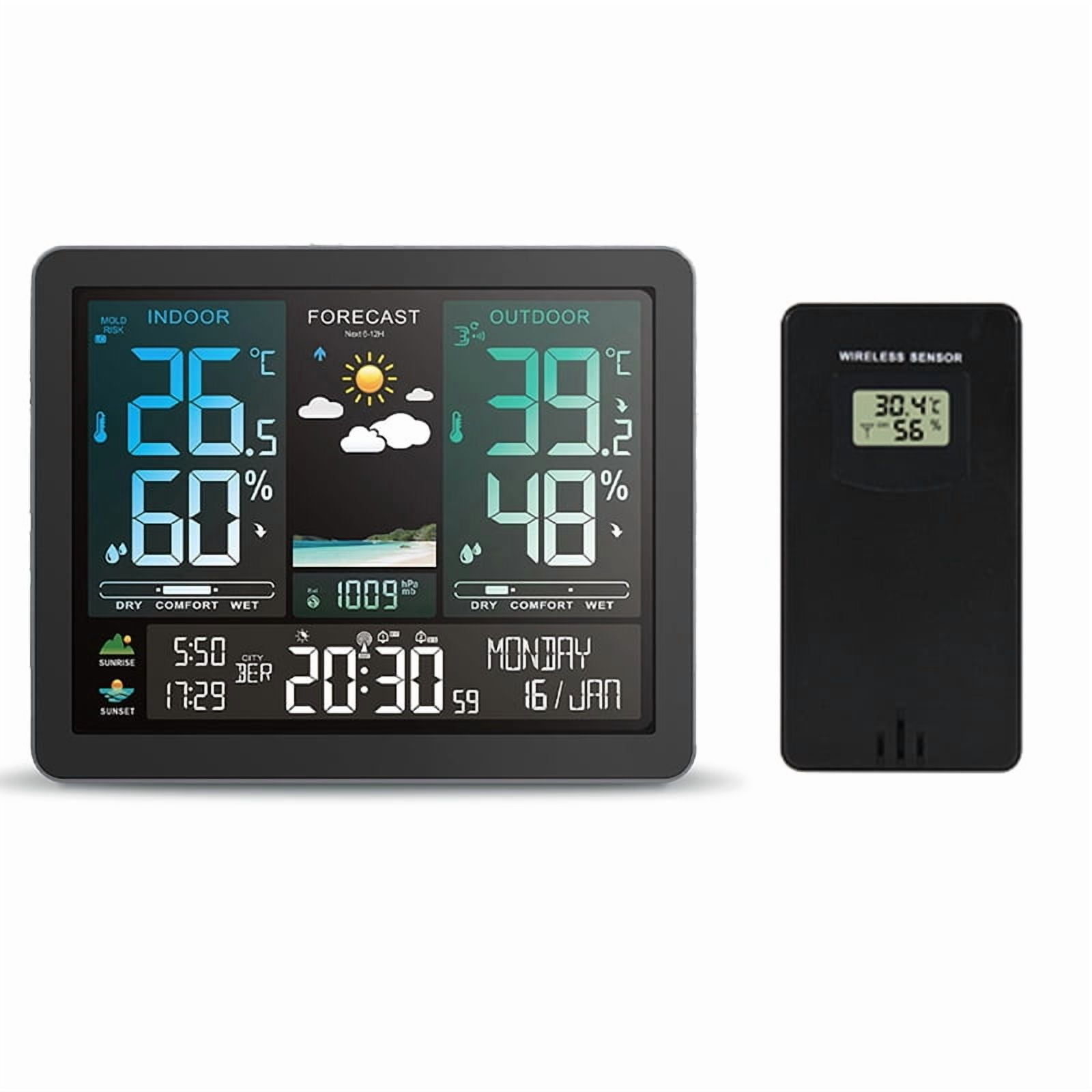 Multifunction Weather Station Alarm Clock Color Screen Sunrise and Sunset Thermometer Hygrometer with Wireless Outdoor Sensor ,High Precision