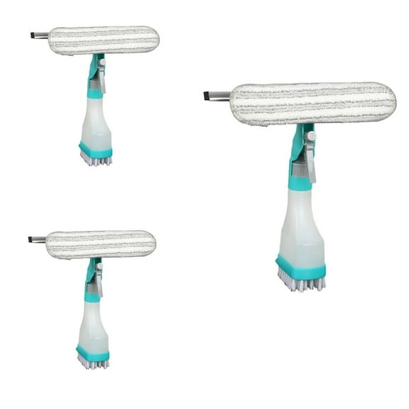 Multifunction Window Cleaner Tool, 4 in 1 Kit with Spray Bottle, Squeegee, and Microfiber Washer Head - by Home Glass Refillable Bottle Built-in Squeegee,Scrub Pad Spray (Blue)