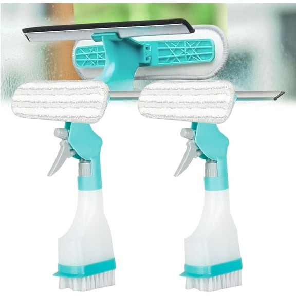 Multifunction Window Cleaner Tool, 4-in-1 Glass Cleaning Tool with Squeegee, Microfibre Cleaning Head, Built-In Sprayer and Cleaning Brush for Glass and Ceramic Surfaces as Well as Automotive Cleaning