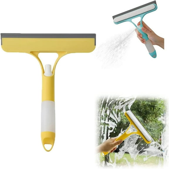 Multifunction Window Cleaning Tool with Water Spray Silicone Squeegee for Glass Doors Shower Car Home Kitchen Household Wiper and Scrubber,One Size,Yellow