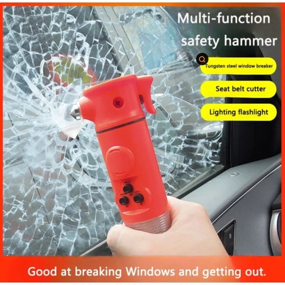 Multifunction emergency car safety hammer with LED flashlight seat belt cutter window breaker road trip survival tool for auto truck SUV roadside rescue camping night driving essential handheld