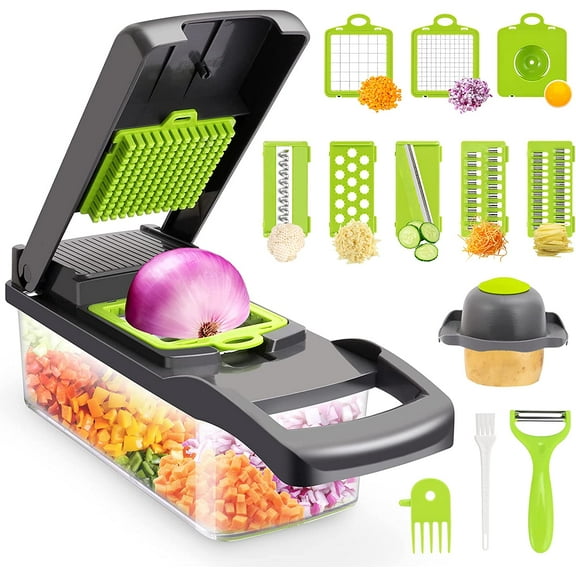 Multifunctional 13-in-1 Vegetable & Fruit Chopper, 8 Interchangeable Blades, Onion Chopper, Mandolin Slicer, Cutter for Veggies with Colander Container, Kitchen Tool for Salad Potato Carrot Garlic
