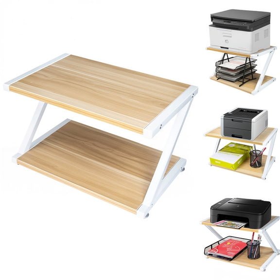 Multifunctional 2 Tier Wood Printer Table Stand for Office, Space Saving Desktop Organizer Shelf for Scanner Fax Machine Books, Sturdy Construction with Adjustable Anti-Skid Feet