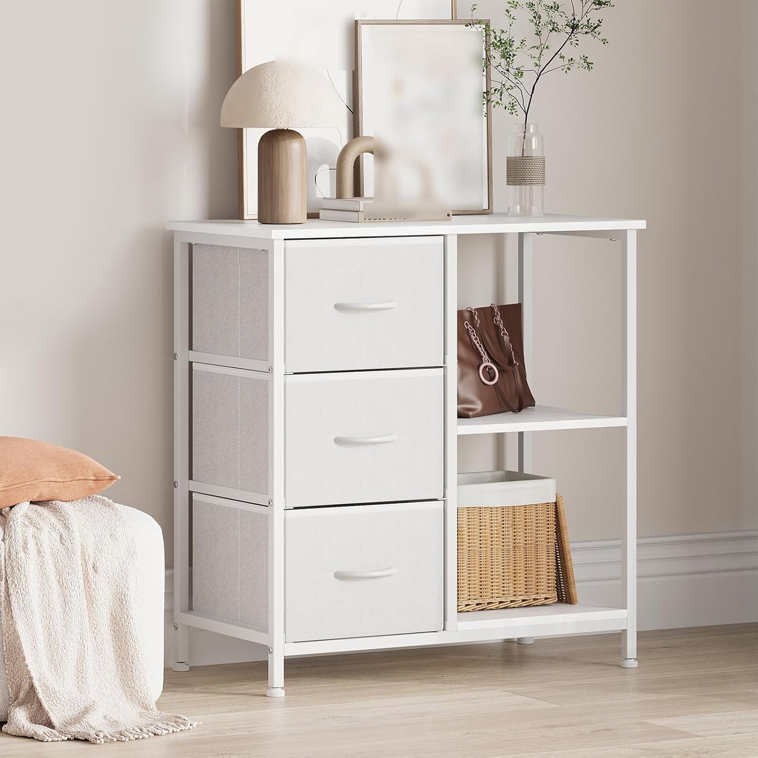 Multifunctional 3 Fabric File Cabinet with Open Storage Shelf – Printer Stand & Bedside Table – Sturdy Steel Frame – Home Office Organizer – White