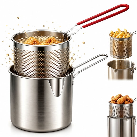 Multifunctional 304 Stainless Steel Fryer Pot with Basket,Mini Deep Fryer Set for Home Cooking,Oil Strainer Basket and Kitchen Frying Tool