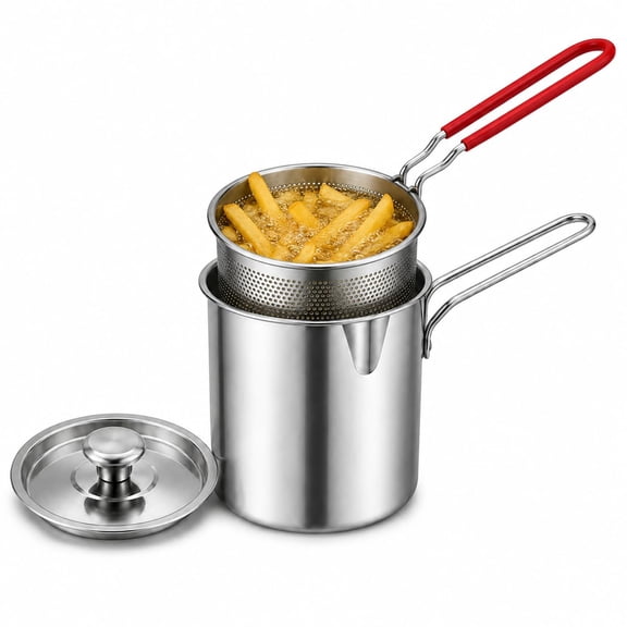 Multifunctional 304 Stainless Steel Fryer, Small Batch Deep Frying Pan with Pour Spout, 5 Piece Kitchen Cooking Set