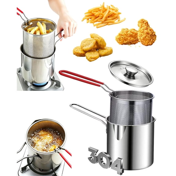 Multifunctional 304 Stainless Steel Fryer - Stainless Steel Deep Fryer Pot with Basket & Strainer, Personal Mini Deep Fryer Set for French Fries, Chicken Wings, Tempura & Home Kitchen Cooking