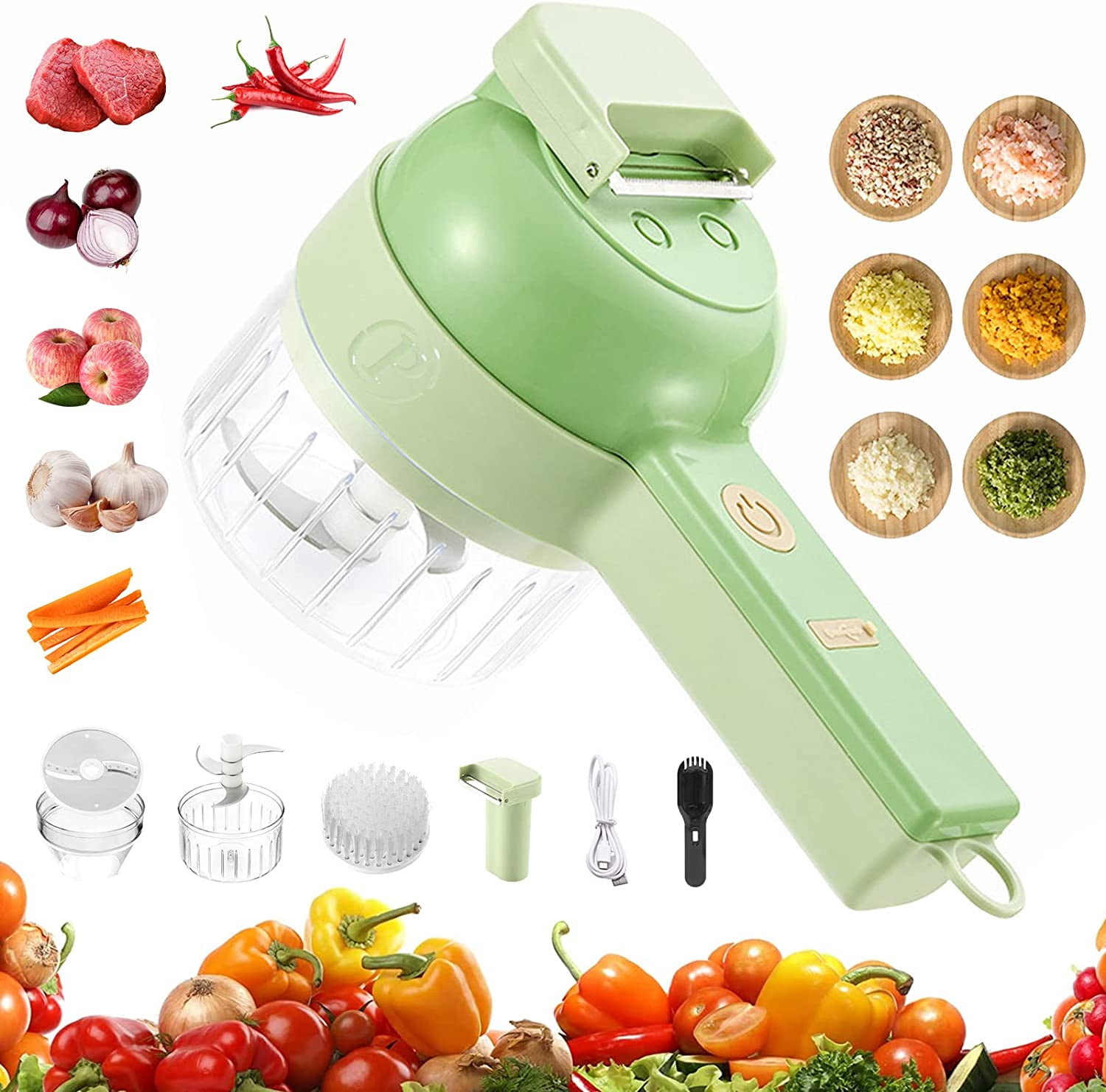 Multifunctional 4 in 1 Handheld Electric Vegetable Cutter Set, Portable Wireless Food Chopper | Kitchen Vegetable Slicer Dicer Cutter for Garlic