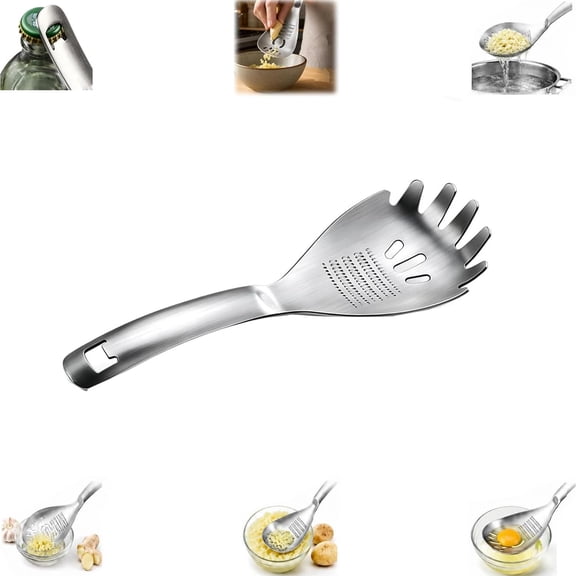 Multifunctional 5-in-1 Cooking Spoon, 304 Stainless Steel Kitchen Multi Tool with Egg Separator Potato Masher Pasta Server Grater Bottle Opener, Dishwasher Safe for Camping