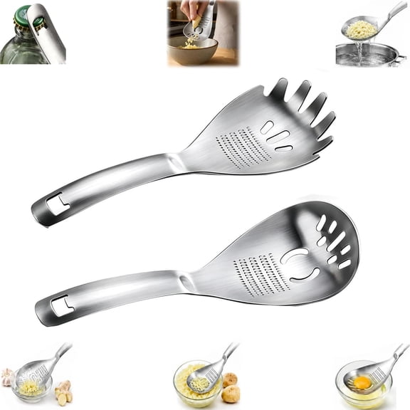 Multifunctional 5-in-1 Cooking Spoon, 304 Stainless Steel Kitchen Multi Tool with Egg Separator Potato Masher Pasta Server Grater Bottle Opener, Dishwasher Safe for Camping