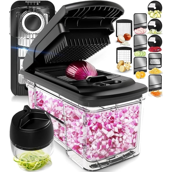Multifunctional 6-in-1 Vegetable Chopper & Mandoline Slicer with Pull-Out Catch Tray, Spiralizer, Dicer for Veggies, Fruit, Onions, Potatoes