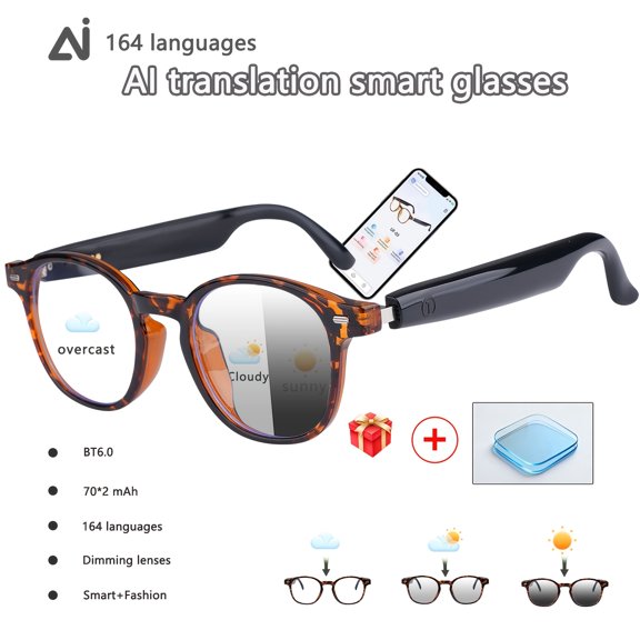 Multifunctional AI smart glasses with 160-language real-time translation and ChatGPT. Features HD calls and HiFi audio.