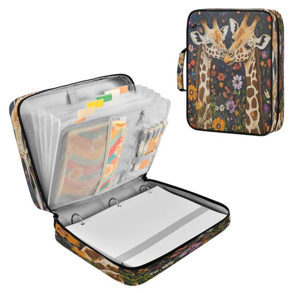 Multifunctional Accordion File Bag Large Capacity A4 Document Handbag Beautiful Giraffes and Flowers