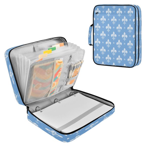 Multifunctional Accordion File Bag Large Capacity A4 Document Handbag Fleur De Lis Sky Blue Motif