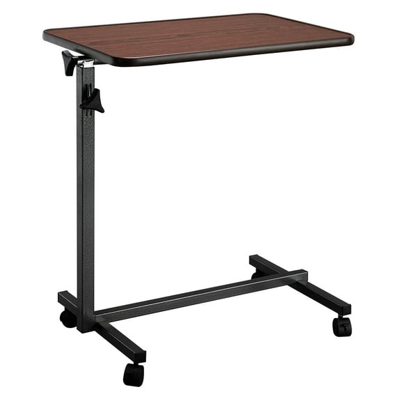 Multifunctional Adjustable Bedside Table Dark Wood Grain MDF & Iron Construction with 4 Lockable Wheels Tilting Tabletop for Home Bedroom (27"-44" Height)