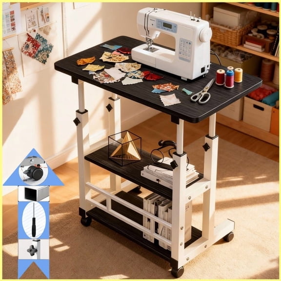 Multifunctional Adjustable Height Mobile Craft Table/Storage Table with 4 360° Silent Wheels, Available in Black/White, Double Shelves, Perfect for Bedrooms, Living Rooms - Sewing & Knitting Supplies
