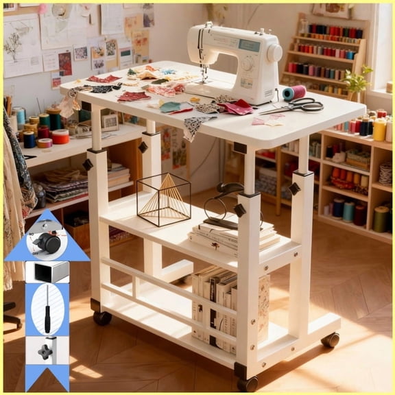 Multifunctional Adjustable Height Mobile Craft Table/Storage Table with 4 360° Silent Wheels, Available in Black/White, Double Shelves, Perfect for Bedrooms, Living Rooms - Sewing & Knitting Supplies