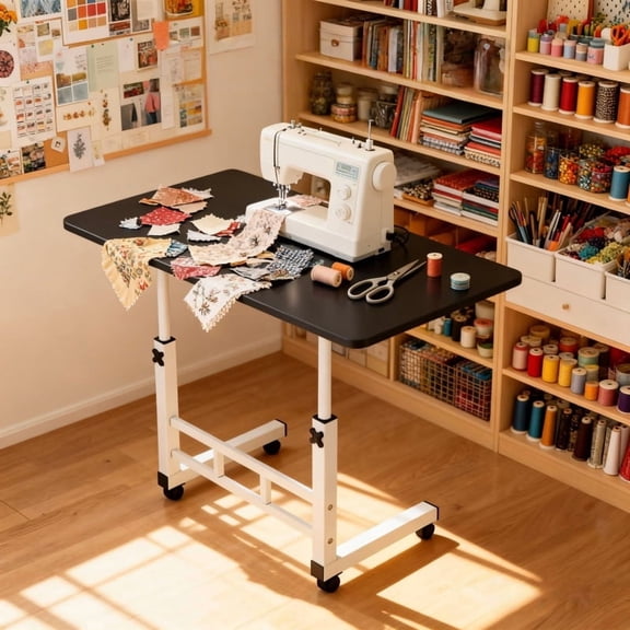Multifunctional Adjustable Height Mobile Craft Table/Storage Table with 4 360° Silent Wheels, Available in Black/White, Double Shelves, Perfect for Bedrooms, Living Rooms - Sewing & Knitting Supplies
