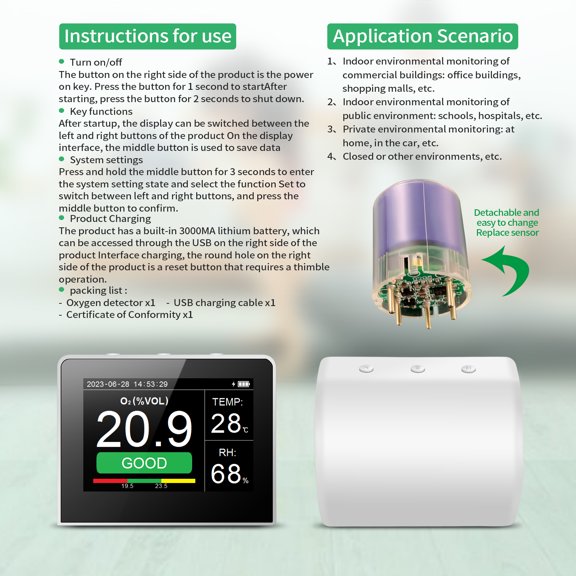 Multifunctional Air Quality Detector O2 Meter Temperature Humidity Monitor 3.5-inch Digital Hygrothermograph Data Logger Desktop Oxygen Tester for Home Office Car