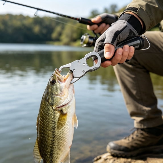 Multifunctional Aluminum Fish Lip Gripper with Built-in Scale, Heavy Duty Fishing Grabber Tool for Freshwater & Saltwater Fishing (Grey)