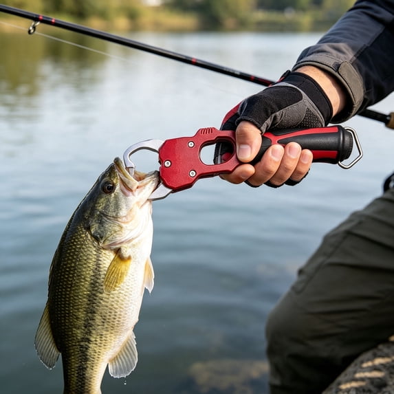 Multifunctional Aluminum Fish Lip Gripper with Built-in Scale, Heavy Duty Fishing Grabber Tool for Freshwater & Saltwater Fishing (Red)