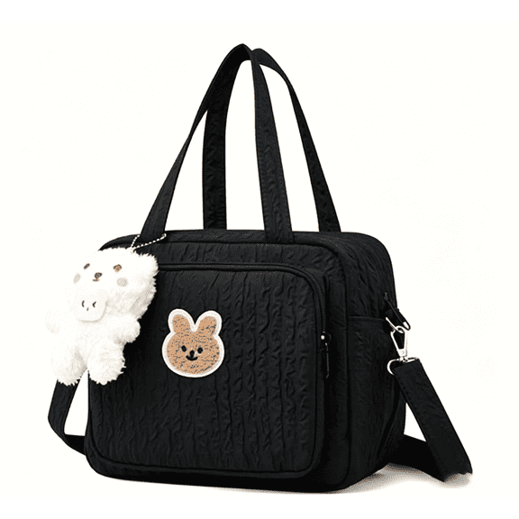 Cute Quilted Baby Diaper Tote Bag, Multifunctional Waterproof Handbag with Stroller Straps for Travel Mommy Daily Use(Black)