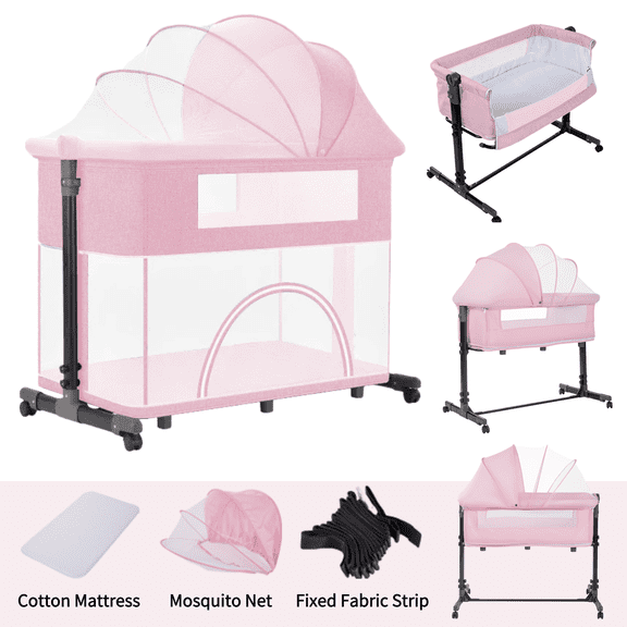 Portable Baby Bassinet & Baby Bedside Sleeper,Newborn Rocking Crib and Playard Combo with Play Zone,Unisex,PINK