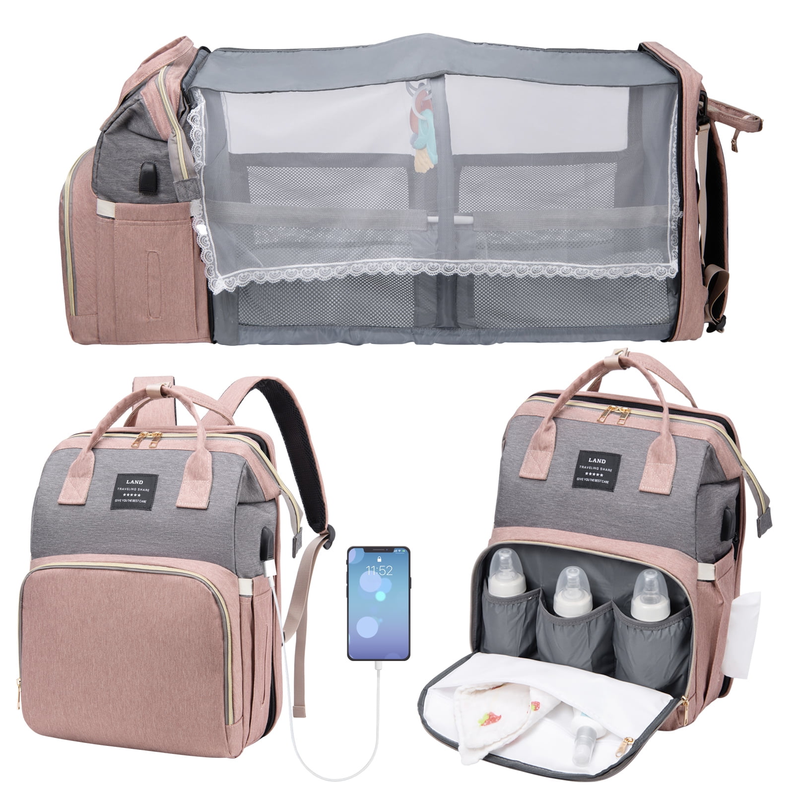 Multifunctional Baby Changing Bag with Foldable Crib, Baby Diaper Bags, Waterproof Travel