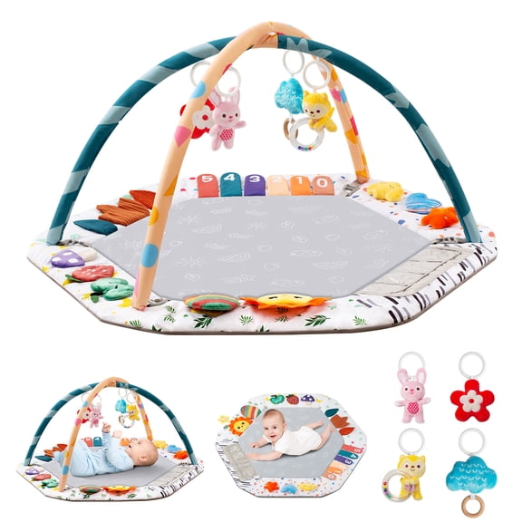 Multifunctional Baby Play Gym Mat with Sensory Toys Tummy Time Mirror Large Activity Center for Newborn 0-18 Months Infant Gift