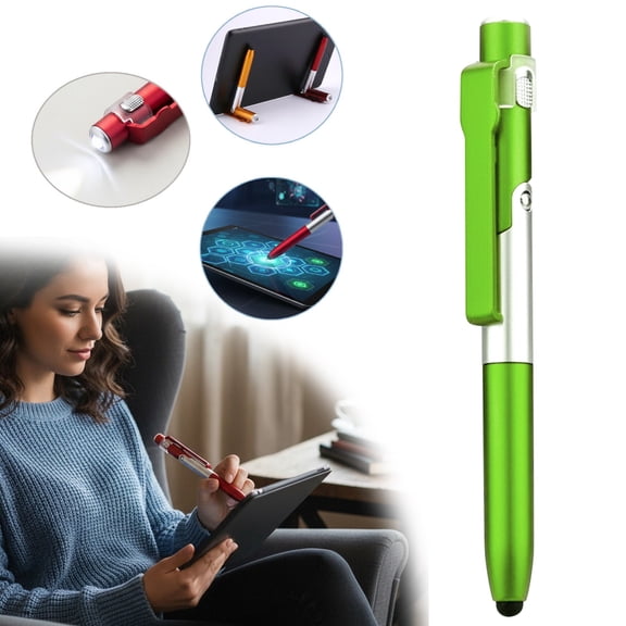 Multifunctional Ballpoint Stylus Pen, 4-in-1 Foldable Metal Pocket Pen with Capacitive Touch Tip, 1 Pc LED Flashlight and Foldable Phone Stand, Multi-Function Capacitive Pen, 5.39x0.43 Inch, Green