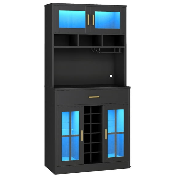 Multifunctional Bar Cabinet, Coffee Bar Cabinet with LED Light Strip, Microwave Cabinet with Glass Doors, Modern Kitchen Storage Organizer, for Living Room, Kitchen, and Dining Room, Black BK21DJG01