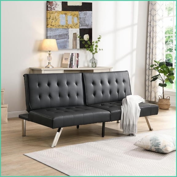 Multifunctional Black PVC Futon Sofa Bed  Wood Frame Stainless Legs for Living Room Bedroom | Black | Wood | Armless