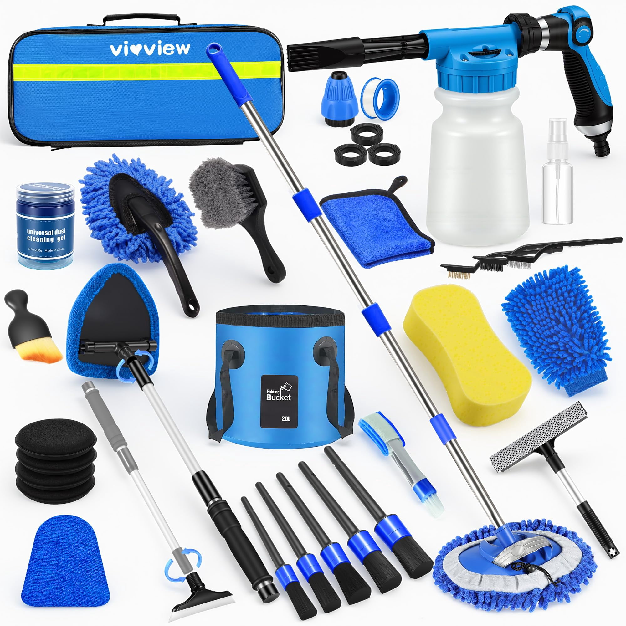 Multifunctional Blue Car Detailing Cleaning Kit, Car Wash Set with Foam Sprayer, Long Handle Wash Brush and Foldable Bucket, Ideal Car Washing Gift for All Car Owners