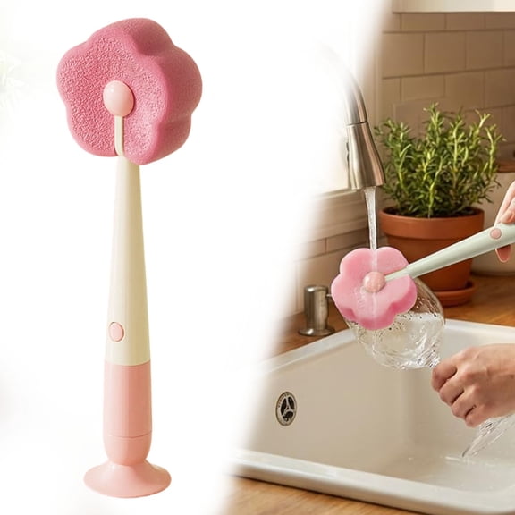 Multifunctional Bottle Brush, 4-in-1 Suction Cup Flower Sponge Straw Cleaner, Detachable Nipple Brush, Long Handle Detail Brush for Cups, Lids, Bottles Accessories, Kitchen Dish Washing Tool