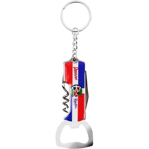 Multifunctional Bottle Opener Keychain Corkscrew Keychains - Dominican Republic Flag (Dominican in Script Letters - Single)