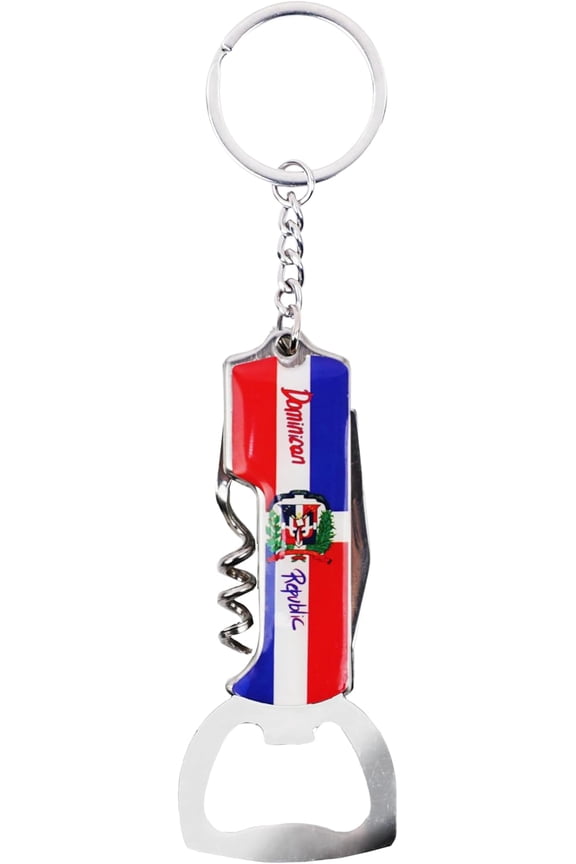 Multifunctional Bottle Opener Keychain Corkscrew Keychains - Dominican Republic Flag (Dominican in Script Letters - Single)