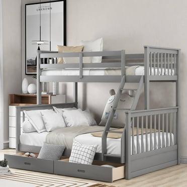 ARCTICSCORPION Kids Pinewood Bunk Bed Twin-Over-Full Bunk Bed with Storage Drawers and Ladders Gray
