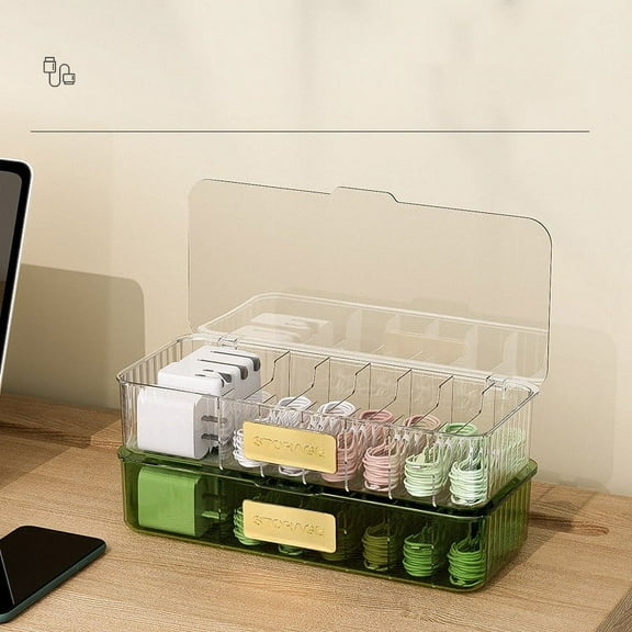 Multifunctional Cable Organizer Cases,Mobile Phone Charger Data Cable Storage Artifact,Clear Plastic Countertop Storage Box ,Organize Your Desk Keep Your Workplace Clean,Black