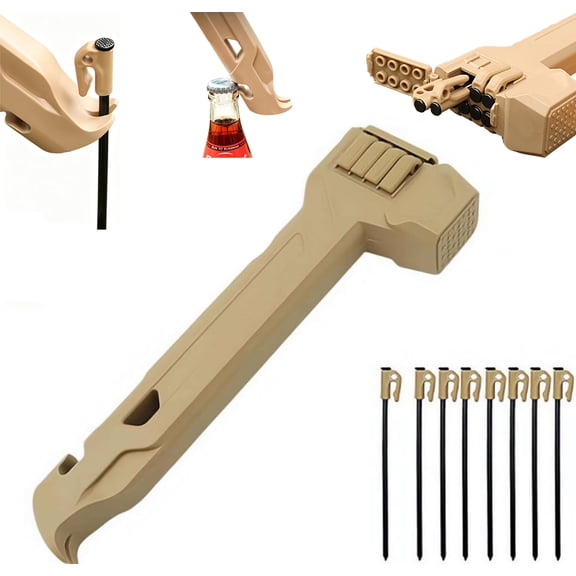 Multifunctional Camping Hammer with 8 Pegs, Heavy Duty Mallet Peg Puller Driver Tool Built-in Storage Handle Bottle Opener for Outdoor Hiking Backpacking Tarp (Khaki)