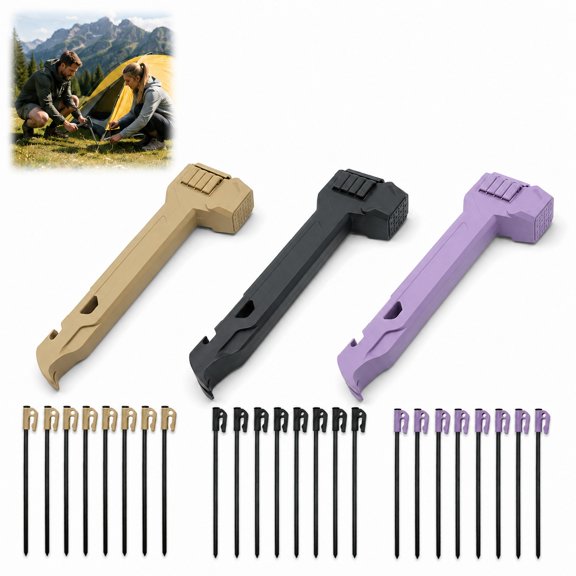 Multifunctional Camping Hammer Mallet With 8 Tent Pegs, 2-In-1 Stake Puller, Ground Driver, Bottle Opener, Built-In Storage Handle, Lightweight Pusher For Outdoor Hiking Backpacking