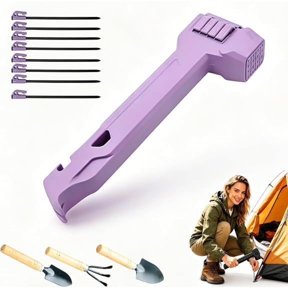 Multifunctional Camping Hammer & Tent Stake Puller, 2-in-1 Tent Stake Hammer with Built-in Storage for 8 Stakes and Stake Pulle, Camping Hammer for Outdoor Hiking Camping Backpacking (Purple)