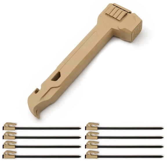 Multifunctional Camping Hammer with Tent Stake Puller - Heavy Duty Mallet with Hidden Storage and Bottle Opener - Includes 8 Pegs for Outdoor Hiking Backpacking